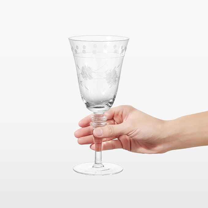 Premium Delight Wine Glasses Set of 4, 14.2 oz – Hand-Blown with Etched Long Stem, Classic Glassware for Weddings, Dinners, and Holiday Gifting (Vintage Wine Glasses)