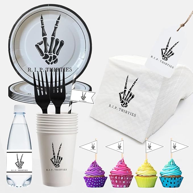 SharkBliss RIP Thirties Party Supplies 240 PCS – Paper Cocktail Napkins Party Cups Water Bottle Labels Toothpick Flags Drinking Straws Gift Tags Forks Plates for Death to My 30s 40th Birthday