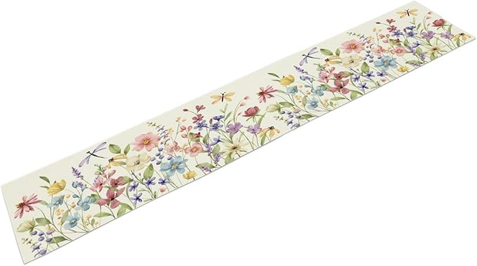 Watercolor Floral Table Runner, Colorful Spring Summer Nature Flower Dragonfly Pattern Print Table Runner for Kitchen Dinning Table Runner Decor Home Wedding Party Holiday, 13x90 Inch