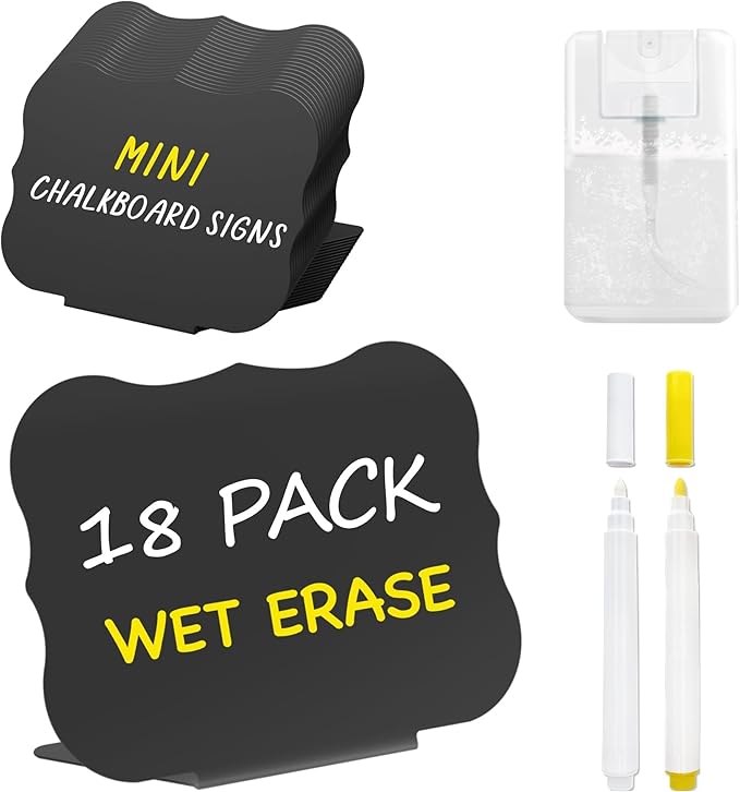 PigPotParty 18 Pcs Food Labels for Party Buffet w/Cleaning Spray, 4"x3" Mini Chalkboard Signs Include 2 Liquid Chalk Markers for Food Display - Food Tags- Table Palce Card (Waved Shape)