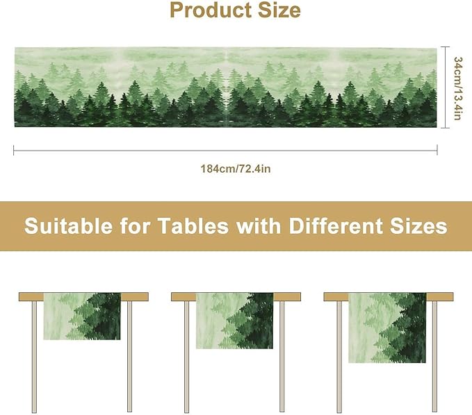 Foggy Forest Table Runner,Watercolor Wreen Misty Forest Landscape Table Runner for Kitchen Dining Table Home Party Decoration 13x120 Inch