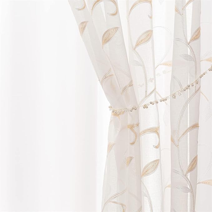 VISIONTEX Sheer Curtains 120 inch Length 2 Panels Set, White Voile Crushed Cream Vine Leaves Embroidery, Rod Pocket Embroidered Window Drapes for Living Room and Bedroom, 54" x 120"