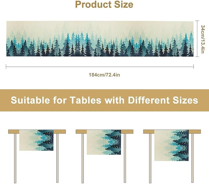 Misty Forest Table Runner,Foggy Blue Forest Landscape Table Runner for Kitchen Dining Table Home Party Decoration 13x36 Inch