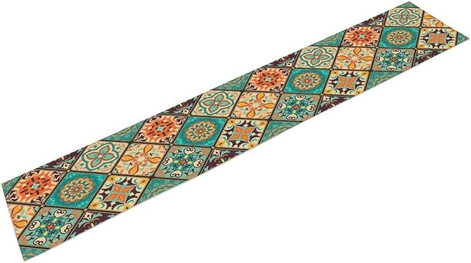Bohemian Patchwork Table Runnerboho Colorful Tile Patchwork Indian Floral Print Table Runner for Home Kitchen Indoor Outdoor Party Wedding Decor, 13x120inch