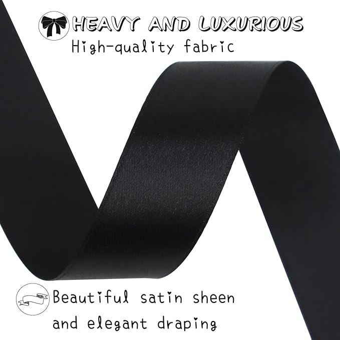 Black Solid Satin Ribbon 1 Inch 50 Yards Solid Polyester Fabric Ribbon for Gift Wrapping Wedding Christmas Baby Shower Birthday Party Decoration Handmade Immortal Flower Craft