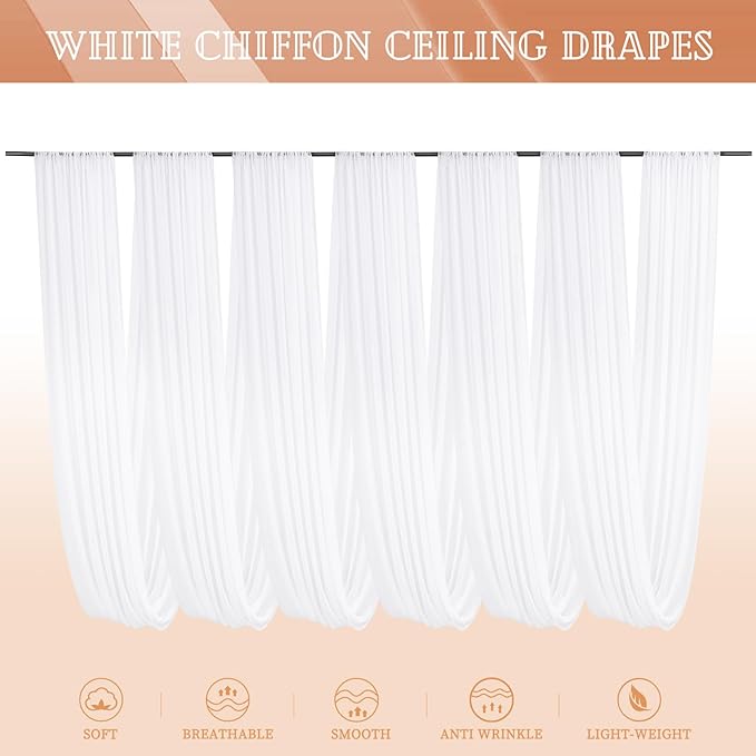 6 Panels White Ceiling Drapes for Wedding 5ftx40ft Sheer Drapery Chiffon Fabric Arch Draping Curtains for Party Ceremony Birthday Baby Shower Reception Stage Ceiling Decorations
