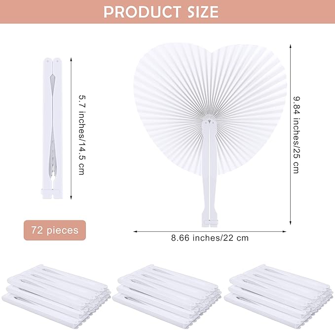 Aodaer 72 Pack Heart Shaped Folding Fans White Paper Fans Handheld Fans with Plastic Handles for Party, Wedding, Anniversary Decoration