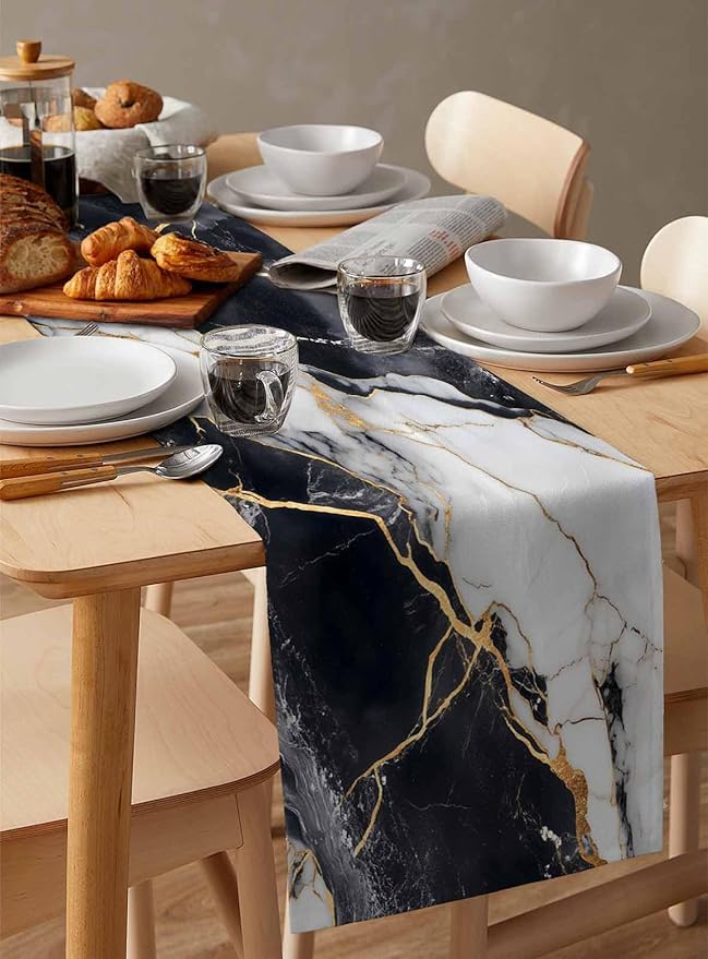 Black White Marble Cotton Linen Table Runner for Dining Kitchen, Wedding Outdoor Party Tablerunners Decoration, Nature Marble Crack Modern Art Dresser Scarf Coffee Tablecloth Runners 13x108 Inches