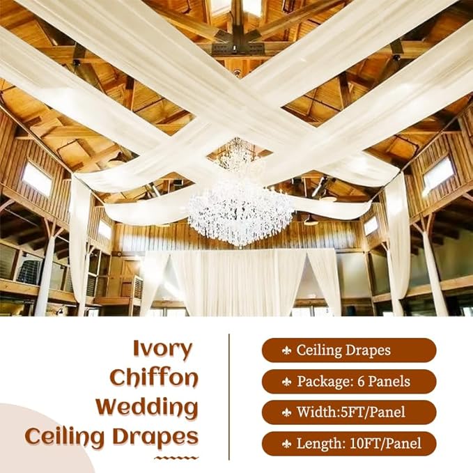6 Panels Ivory Ceiling Drapes 5ftx10ft Wedding Chiffon Fabric Arch Draping Sheer Curtains Soft Drapery for Party Ceremony Stage Swag Decorations