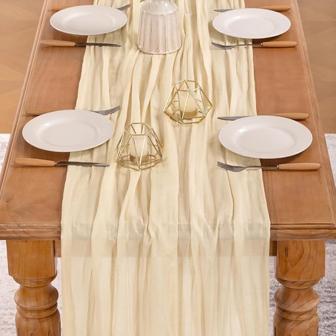 MLMW 4 Pack Beige Table Runner Cheesecloth Boho Gauze Rustic Cheese Cloth Table Runner 160 inch Sheer 13.3ft for Thanksgiving Wedding Party Baby Bridal Shower Birthday