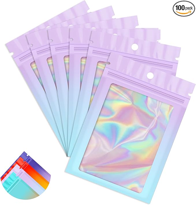 Funfery 100 Pack Gradient Holographic Bags,Mylar Resealable Bags with Zipper,Clear Window Packaging Pouchs,Foil Smell Proof Bag for Food Storage,Sample Jewelry Bag(6.3x9.4In,Purple Blue)
