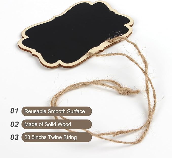 Wooden Mini Hanging Chalkboard Signs for Beverages Dispenser, Price Message Chalkboard Tags with String, Double-Sided Little Labels for Party Event Decorations, Table Numbers, 3.5x2.5, 24 Pack