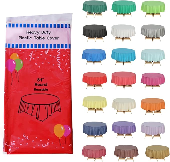 Evershine (4-Pack Heavy Duty Plastic Table Covers Tablecloth (Reusable) (Round 84", Red)