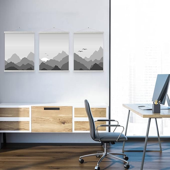 Magnetic Poster Hanger, 24x36 24x18 24x32 Poster Frame Wood Wooden Magnet Print Posters Dowel Scroll Hanger Hangers Hanging Kit for Walls Map Canvas Artwork (Grey, 24")