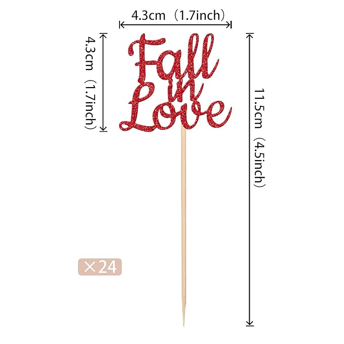 24 PCS Fall in Love Cupcake Toppers Glitter Fall Theme Party Cupcake Picks Bridal Shower Cupcake Decorations for Autumn Wedding Engagement Anniversary Birthday Party Cake Decorations Supplies Red