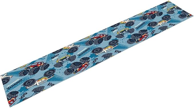 Monster Truck Table Runner,for Kids Boys Cool Colorful Cartoon Blue Cars Pattern Print Tablecloth Burlap for Hotel Indoors Outdoor Dining Room Kitchen Home Decor,W13X L60 in