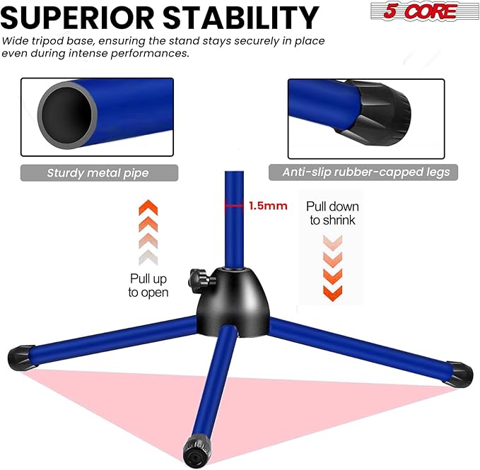 5 Core Tripod Mic Stand Floor Adjustable 18 to 72 Inches Sturdy Boom Arm Holder Microphone Stands Pedestal Para Microfono for Singing - MS 080 SKY D-BLU