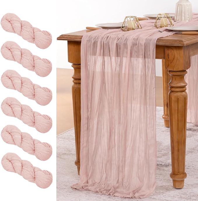 MLMW 6 Pack Pink Cheesecloth Table Runner Boho Gauze Rustic Cheese Cloth Table Runner 160 inch Sheer 13.3ft for Gender Reveal Wedding Party Baby Bridal Shower Birthday
