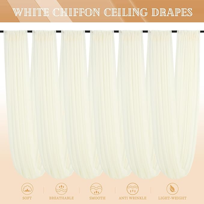 6 Panels Ivory Ceiling Drapes for Wedding 5ftx40ft Sheer Drapery Chiffon Fabric Arch Draping Curtains for Party Ceremony Birthday Baby Shower Reception Stage Ceiling Decorations