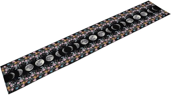 Boho Floral Moon Table Runner, Spring Flower Leaves Mystical Gothic Sun Moon Table Runner for Kitchen Dining Table Home Party,13x90 Inch Purple
