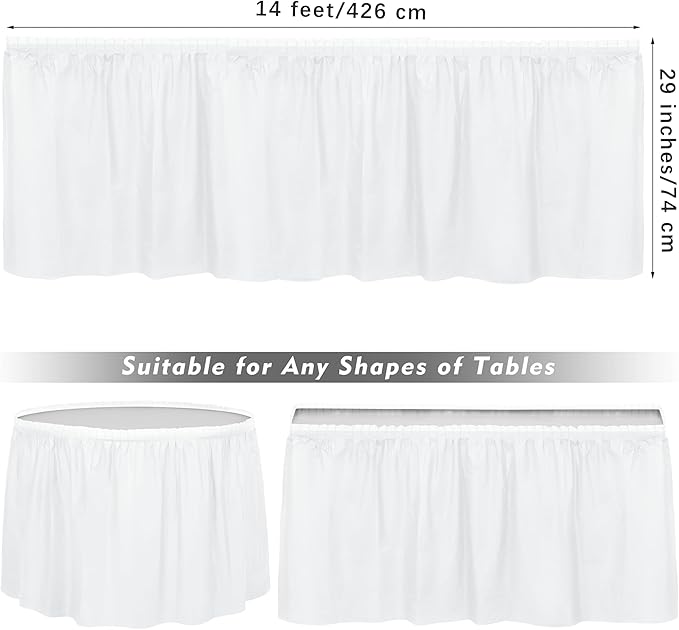TURSTIN 8 Pieces White Plastic Table Skirts 14 Feet x 29 Inch for Rectangle Tables Fitted Tablecloth Disposable Table Cover for Birthday Party, Events, Banquette Baby Shower