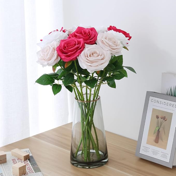 Artificial Rose 10pcs Open Flower Bouquet Faux Rose Stems for Wedding Arrangement, Bridal Bouquet, Centerpiece, Fake Faux Silk Flowers (Hot Pink)