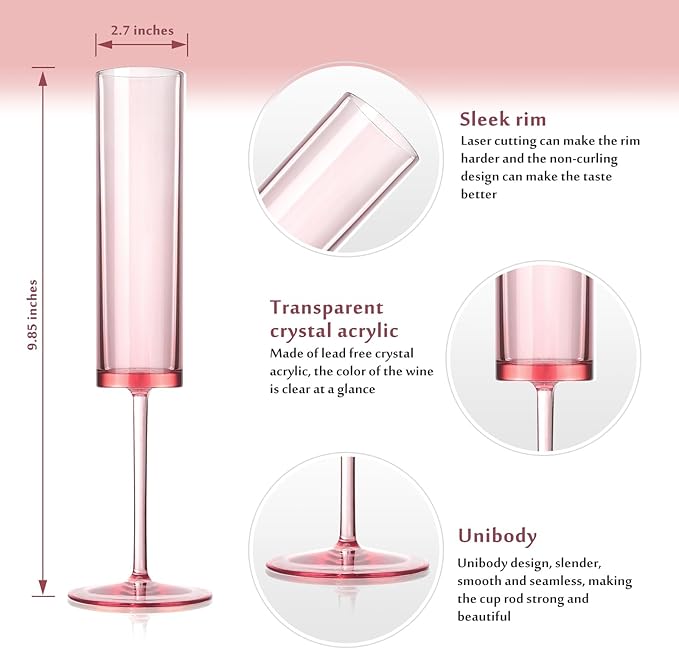 50 PCS Pink Champagne Flutes Plastic 5.4 OZ Clear Acrylic Champagne Flutes Sparkling Wine Glasses Wedding Table Decorations Reusable For Valentines Toasting Engagement Party Supplies (Pink, 50 Pack)