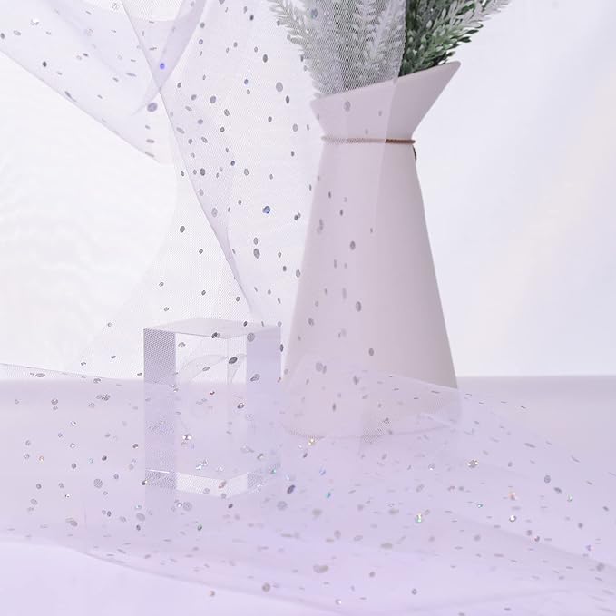 Glitter Tulle Rolls, 6” by 50 Yards (150FT) Sequin Tule Netting Fabric Tulle for Tutu Skirts Sewing Birthday Wedding Party Decoration (White)