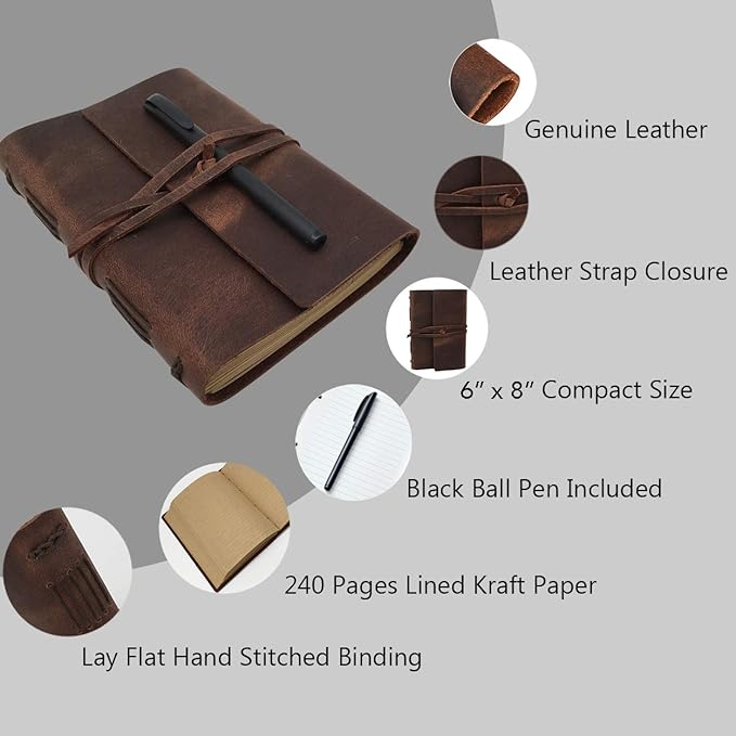 Leather Journal Notebook for Men & Women,A5 Size Diary,6.2x8.5 Inch, Vintage Style Personalized Journal for Gift,Genuine Leather Bound Notepad for Travel Journal to Write,240 lined Pages,Rustic Brown