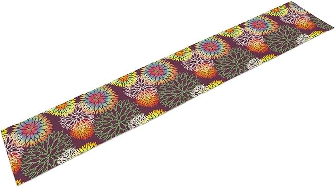 Brown Dahlia Flower Table Runner, Linen Geometric Pattern Floral Table Decor Spring Farmhouse Decorations for Kitchen Dining Holiday Party Decor, 13x90 Inch