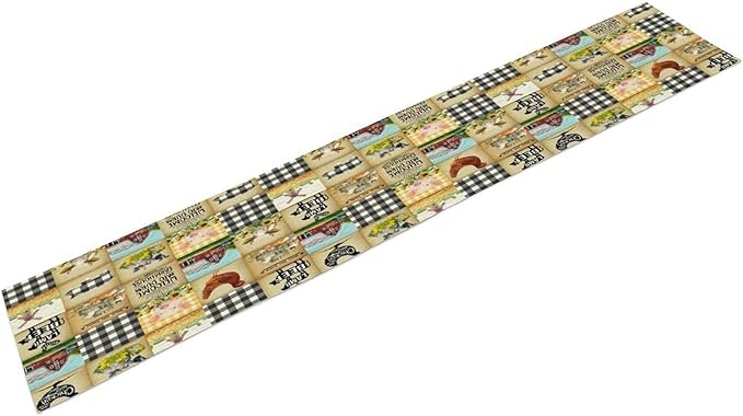 Farmhouse Animals Table Runner,Rustic Cabin Pig Chicken Cow Sunflowers Geometric Grids Burlap for Hotel Indoors Outdoor Dining Room Kitchen Holiday Party, 13x108in