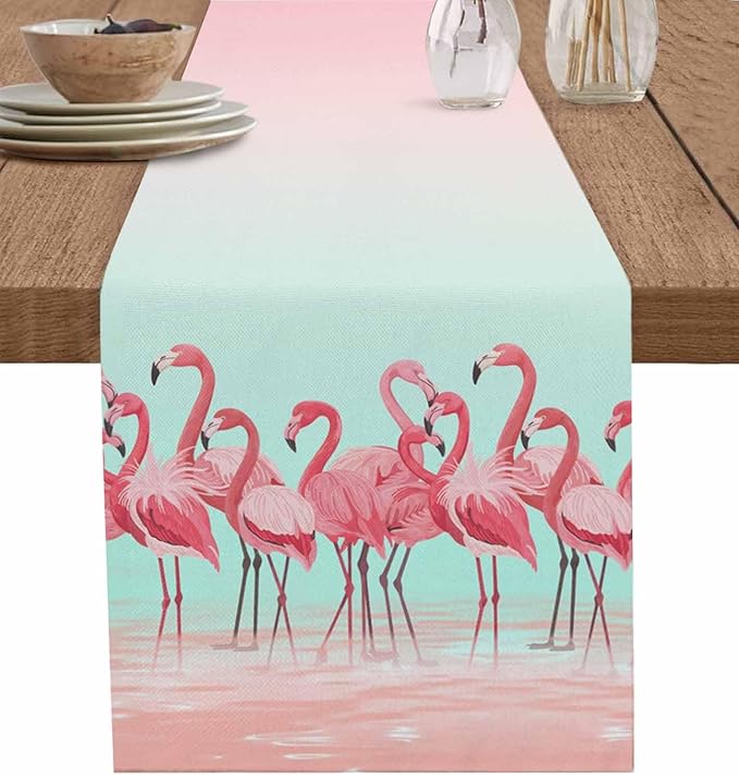 Tropical Flamingo Cotton Linen Table Runner for Dining Kitchen, Wedding Outdoor Party Tablerunners Decoration, Pink Bird Coastal Nautical Animal Dresser Scarf Coffee Tablecloth Runners 13x90 Inches
