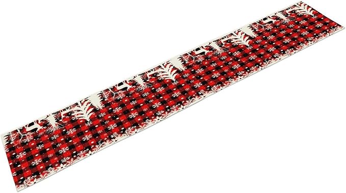 Christmas Table Runner,Red Black Plaid Xmas Snowflakes Deer Trees Print Tablecloth Burlap for Hotel Indoors Outdoor Dining Room Kitchen Home Decor,W13X L80 in