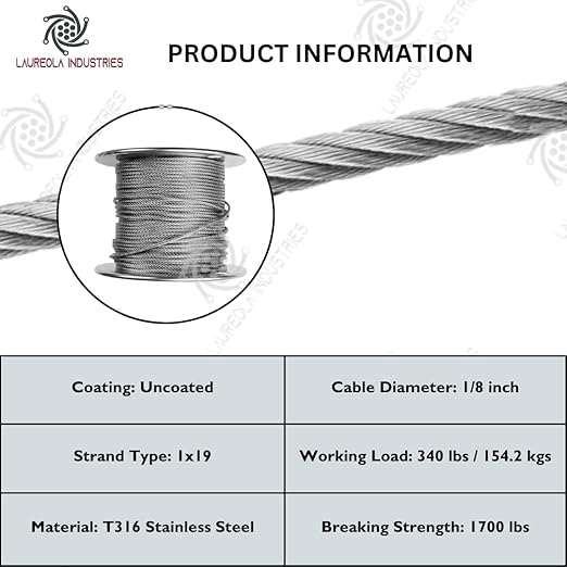 Laureola 1/8" Type-1x19 Grade-316 Stainless Steel Cable Railing Wire Rope - 600ft