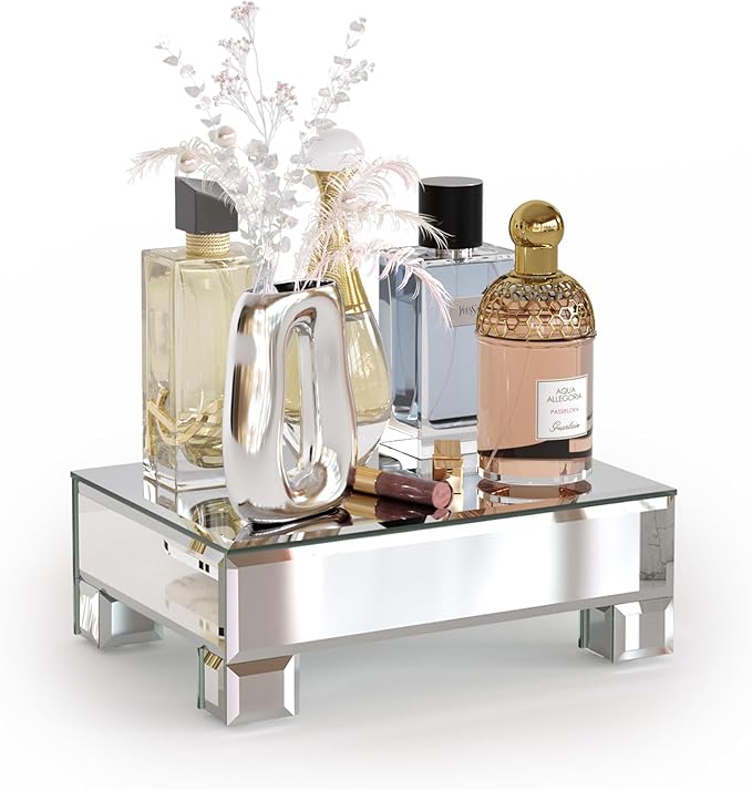 Mirrored Risers for Display, Tabletop Display Stand, Mirrored Perfume Tray for Vanity, Silver Soap Stand, Pedestal Stand, Glass Risers for Countertop, 8.6”W x 6”D x 3”H