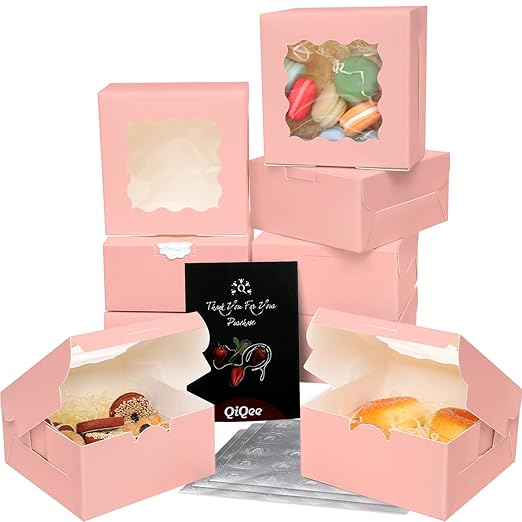 Bakepacker 100pcs Pink Bakery Boxes with Window 6x6x3 inches Thick & Sturdy Macaroon Pastry Boxes Cookie Boxes for Bakerys
