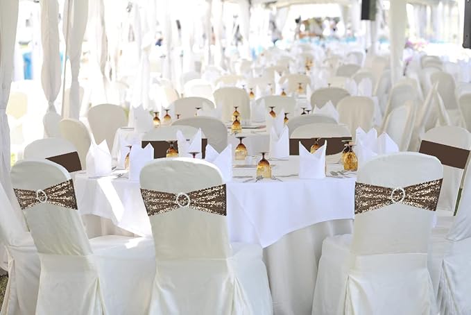 10 Pcs Sequin Chair Sashes Stretch Chair Bands Spandex Polyester Bows for Party Hotel Wedding Banquets Decoration - Coffee