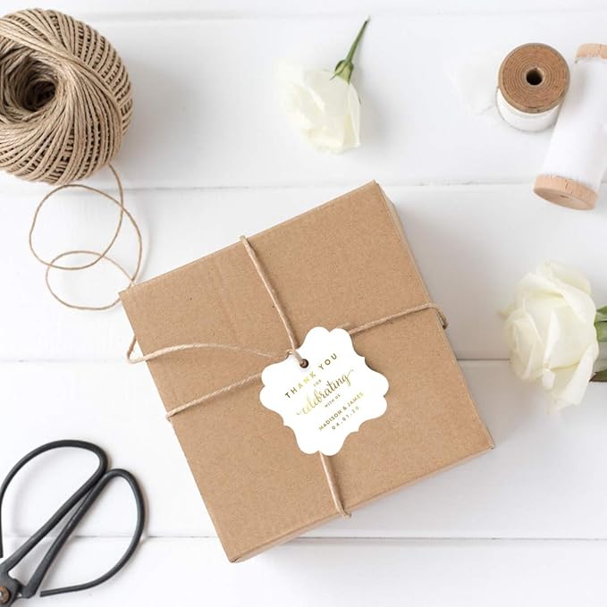 Andaz Press Personalized Fancy Frame Square Wedding Gift Tag, Metallic Gold Custom Tags, Thank You for Celebrating with US, 24-Pack, Custom Name Thank You Tag, 2x2 Personalized Gift Tags for Favors