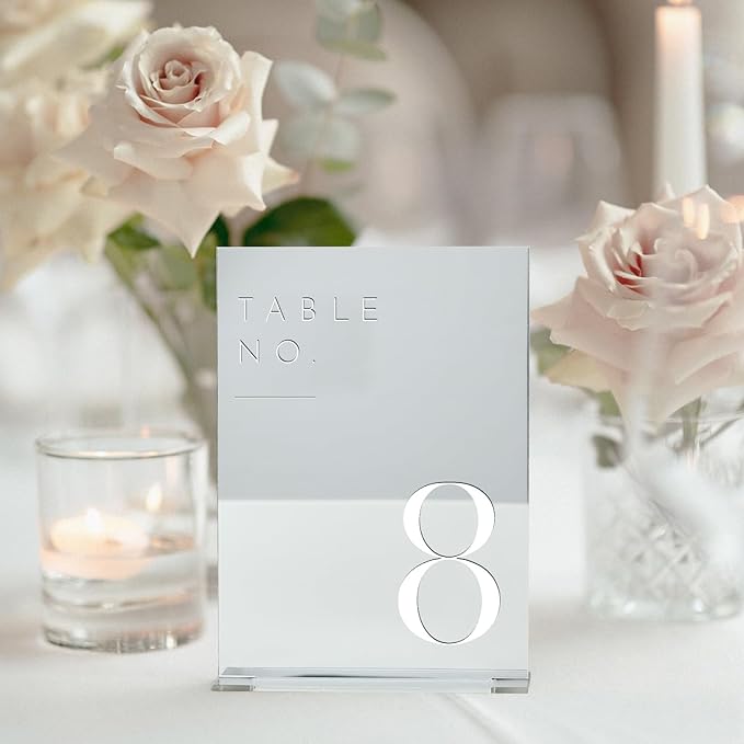 JINMURY Sliver Wedding Table Numbers 1-20 with Stands, 5"x7" Sliver Mirror Acrylic Table Numbers for Wedding Reception (Sliver Mirror White Font, Number 1-20, 5"x7")