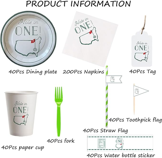 Hole in One Golf Party Decorations, 480-Piece Set with Cocktail Napkins, Plates, Cups, Bottle Labels, Toothpick Flags, Straws, Gift Tags, and Forks for Golf Birthday and 1st Hole in One Parties