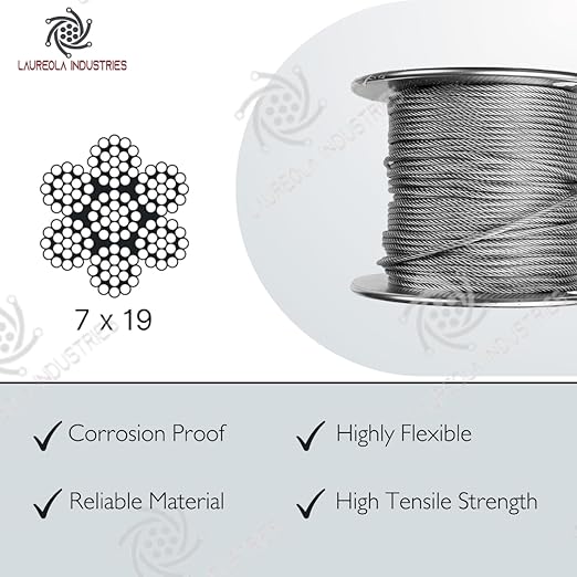 Laureola 1/8" 7x19 Stainless Steel Aircraft Wire Rope 304 Grade (1000ft)