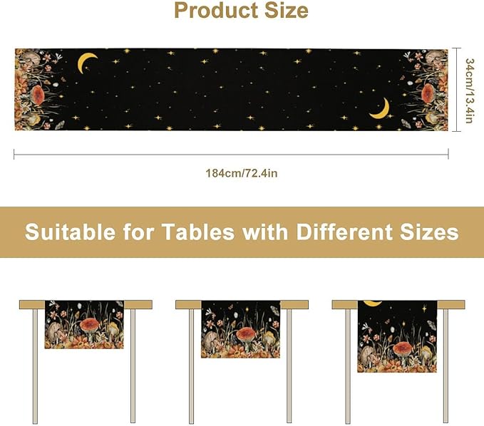 Mushroom Kitchen Table Runner, Gothic Moon Star Plants Witchy Moonlit Flower Butterfly Table Runner for Kitchen Party Living Room Drapes, 13x108 Inch Black