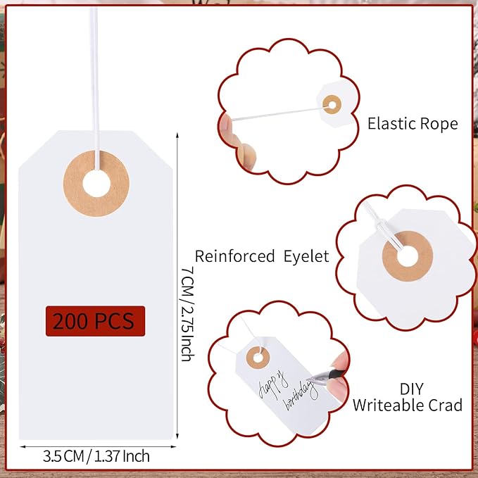 200 Pack White Blank Tags with Elastic String Marking Hang Tags Attached Reinforced Hole Writable Gift Tag for Christmas Gifts Stocking Stuffers 2.75'' x1.37''