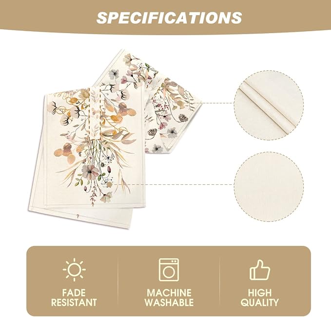 Artoid Mode Wildflower Leaves Floral Fall Table Runner, Autumn Thanksgiving Kitchen Dining Table Decoration for Indoor Outdoor Home Party 13x108 Inch
