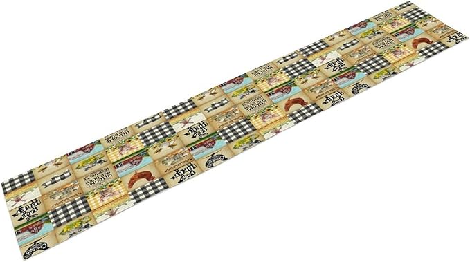 Farmhouse Animals Table Runner,Rustic Cabin Pig Chicken Cow Sunflowers Geometric Grids Burlap for Hotel Indoors Outdoor Dining Room Kitchen Holiday Party, 13x108in