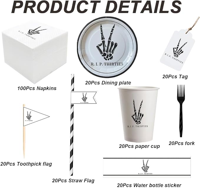 SharkBliss RIP Thirties Party Supplies 240 PCS – Paper Cocktail Napkins Party Cups Water Bottle Labels Toothpick Flags Drinking Straws Gift Tags Forks Plates for Death to My 30s 40th Birthday