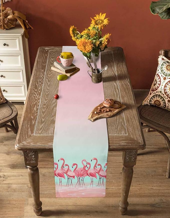 Tropical Flamingo Cotton Linen Table Runner for Dining Kitchen, Wedding Outdoor Party Tablerunners Decoration, Pink Bird Coastal Nautical Animal Dresser Scarf Coffee Tablecloth Runners 13x48 Inches