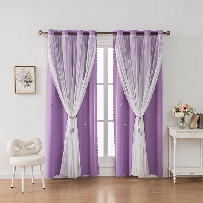Ombre Rainbow Blackout Curtains for Kid Girls Bedroom Living Room Darking Stripe Double Layer Star Cut Out Wall Home Decor Gradient Grommet Window Curtains (Purple 95L)