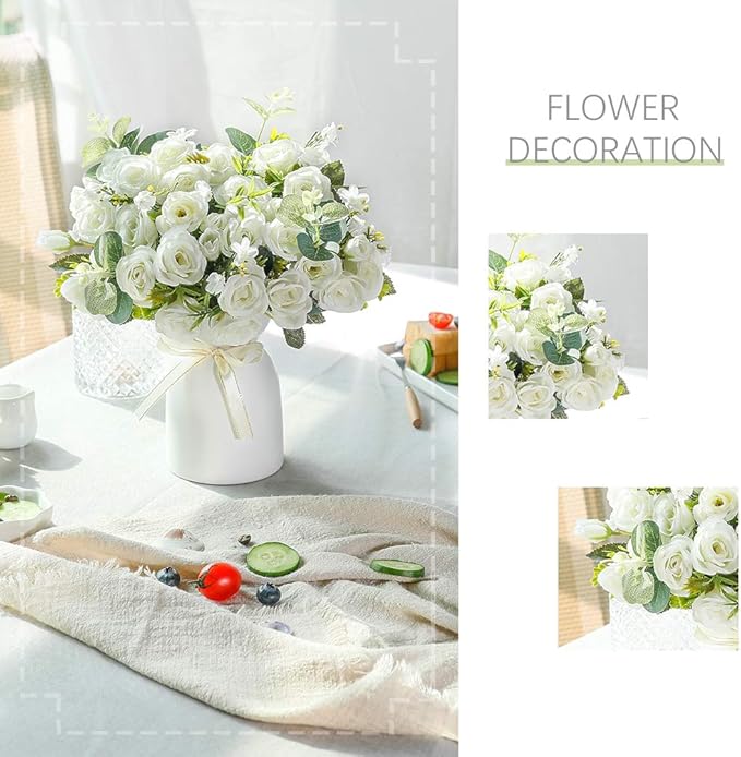 LESING Artificial Silk Rose with Vase Fake Flowers Wedding Flowers Bouquets Arrangement Home Office Party Centerpiece Table Decoration (White)