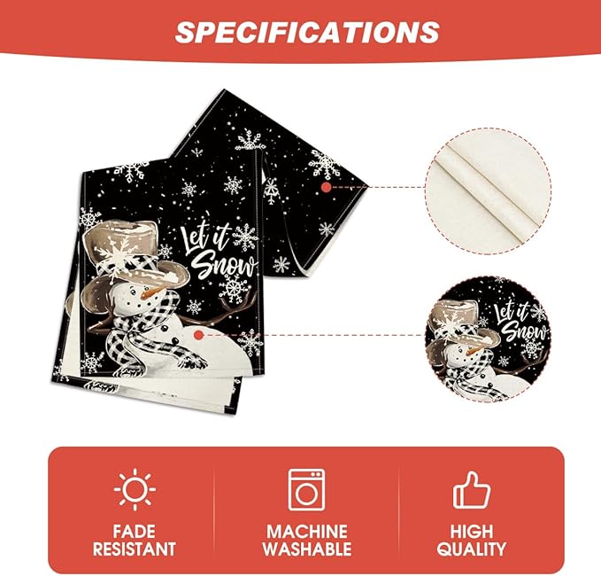 Artoid Mode Black Snowman Snowflake Let it Snow Winter Table Runner, Christmas Kitchen Dining Table Decoration for Home Party Decor 13x72 Inch